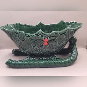 Vintage Lefton Holly Berry Green w/ Red Berries Christmas Holiday Ceramic Sleigh